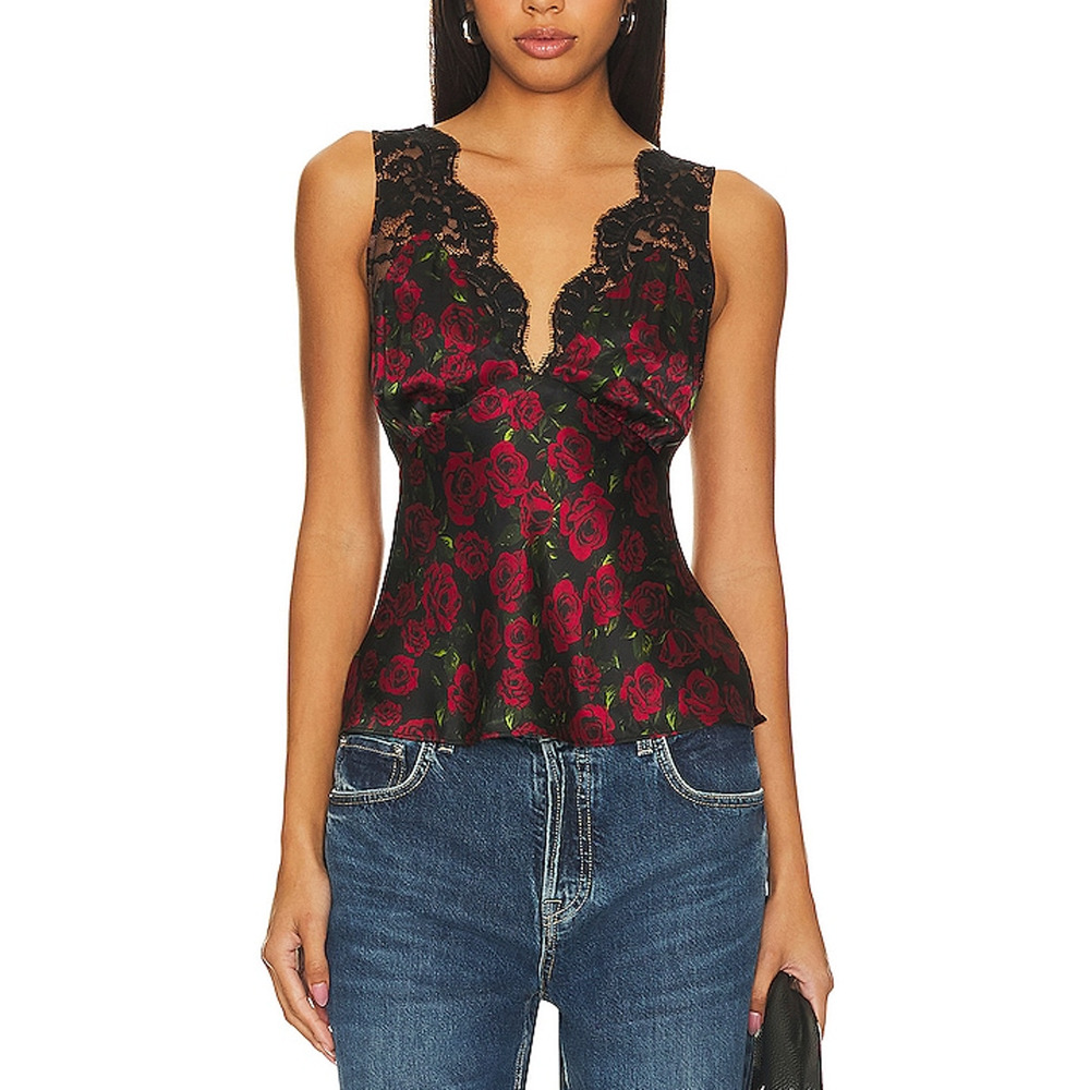 Cami NYC Black and Red Floral Lace Trim Top